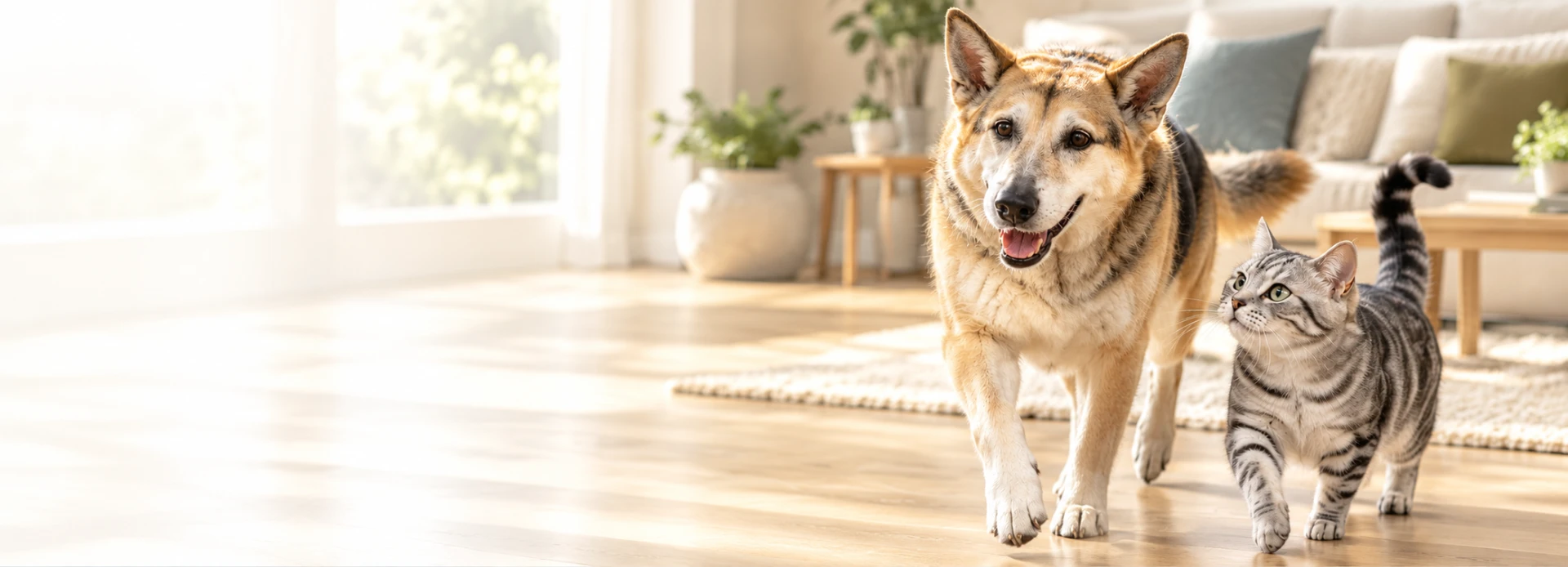 A happy dog and tabby cat walking together through a sunny home
