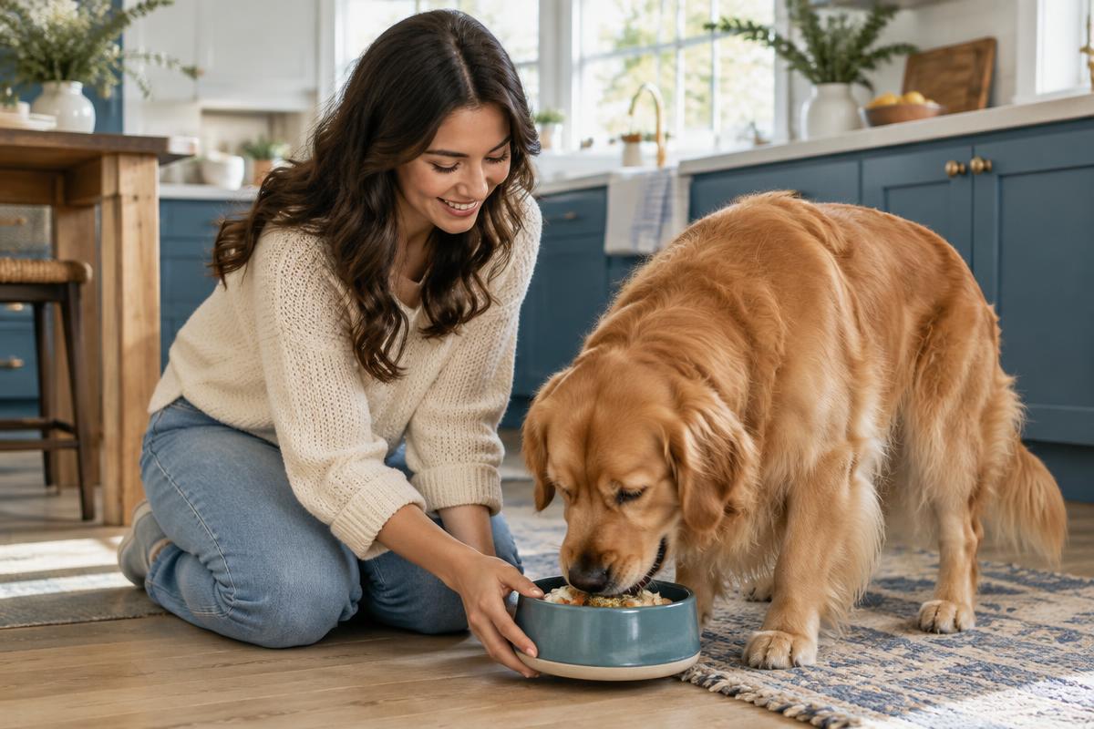 Pet parent feeding her golden retriever a tailored meal at home