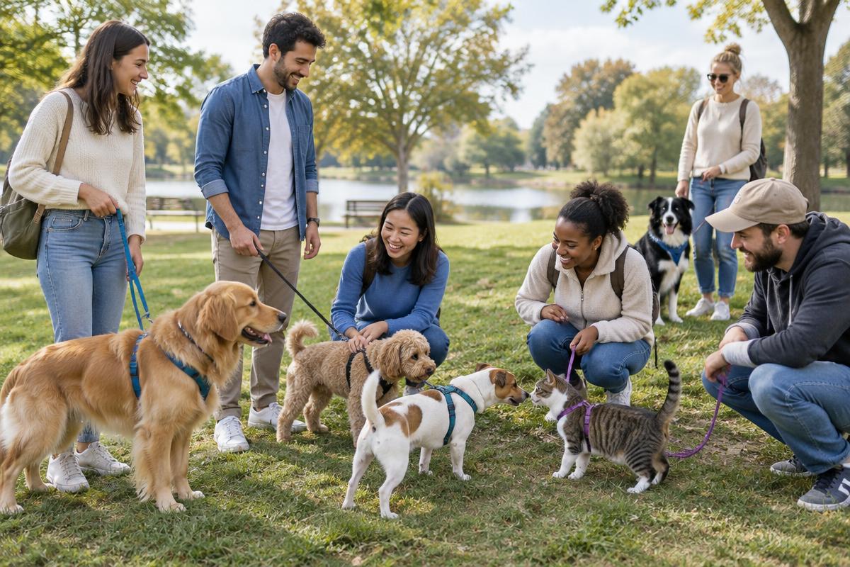 Pet parents and their dogs and a cat gathered in a park