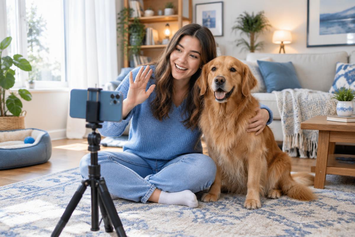 Creator filming a video with her golden retriever at home