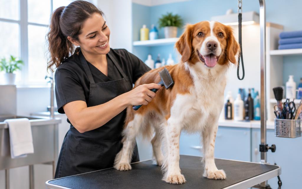 Groomer caring for a dog