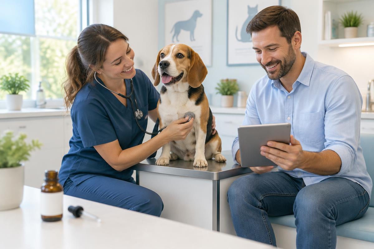 A veterinarian examining a dog beside its pet parent in a bright clinic