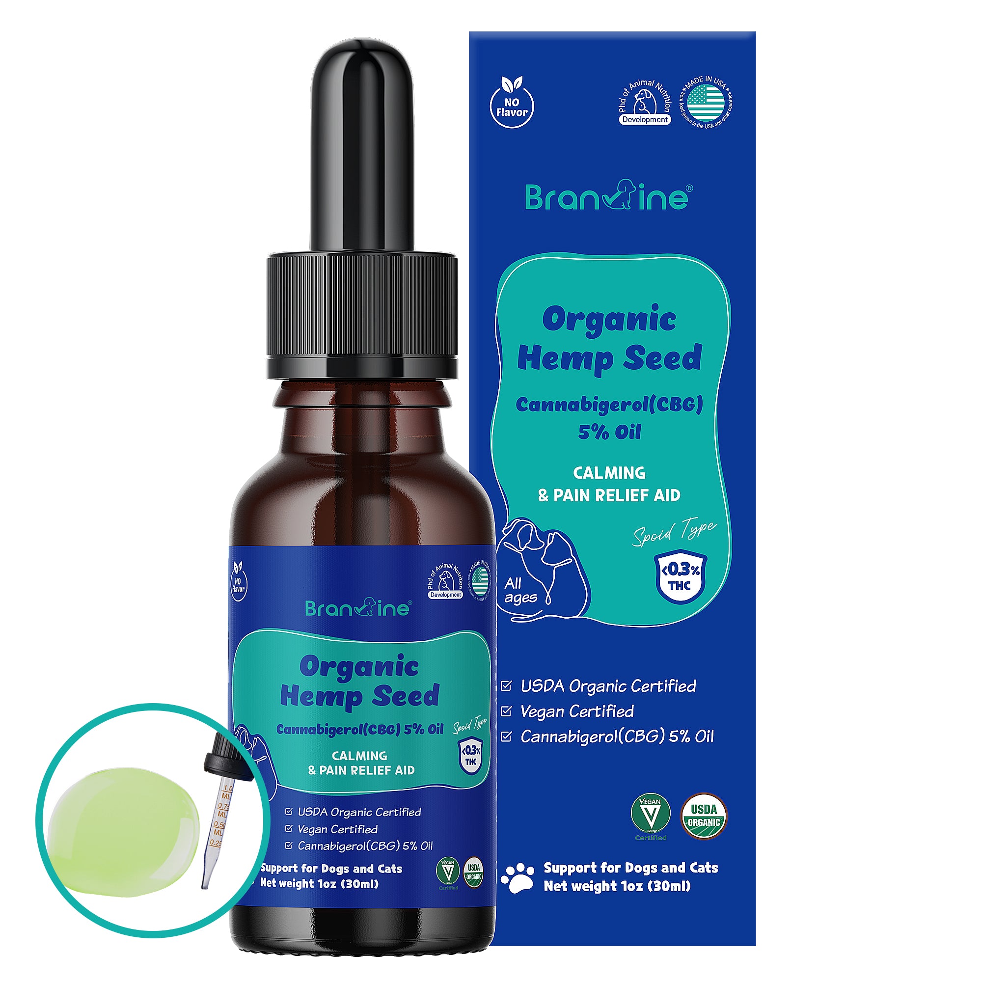 Organic Hemp, Hemp Seed Oil - Comprehensive Support for Dogs and Cats (30ml)